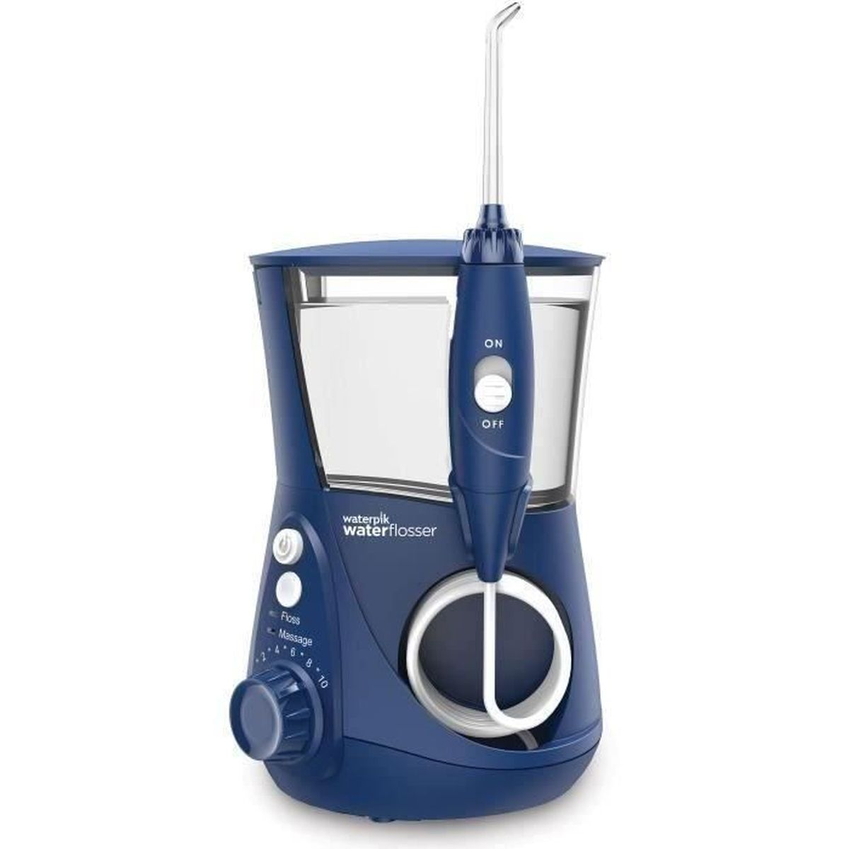 Ein blauer Waterpik-Wasserfloßer. Er hat einen Behälter, Bedienelemente und eine Zahnseidenspitze. Das Gerät steht auf weißem Grund.