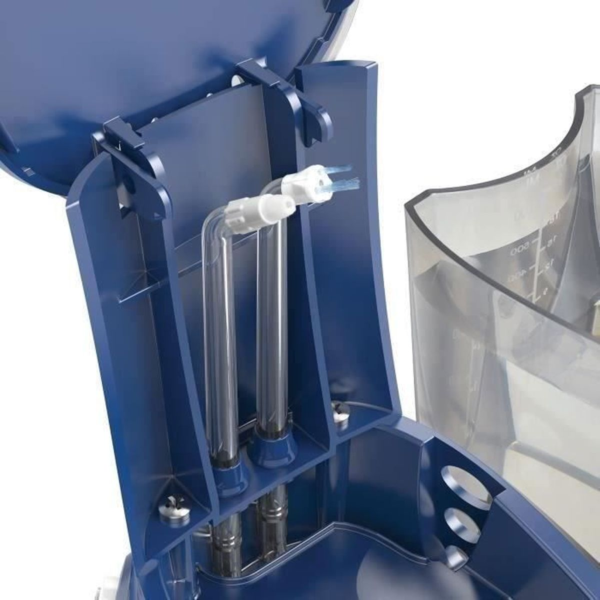 Blauer und durchsichtiger Dental-Wasserflosser. Zeigt Wasserschläuche, einen Wasserbehälter und den offenen Deckel des Geräts.
