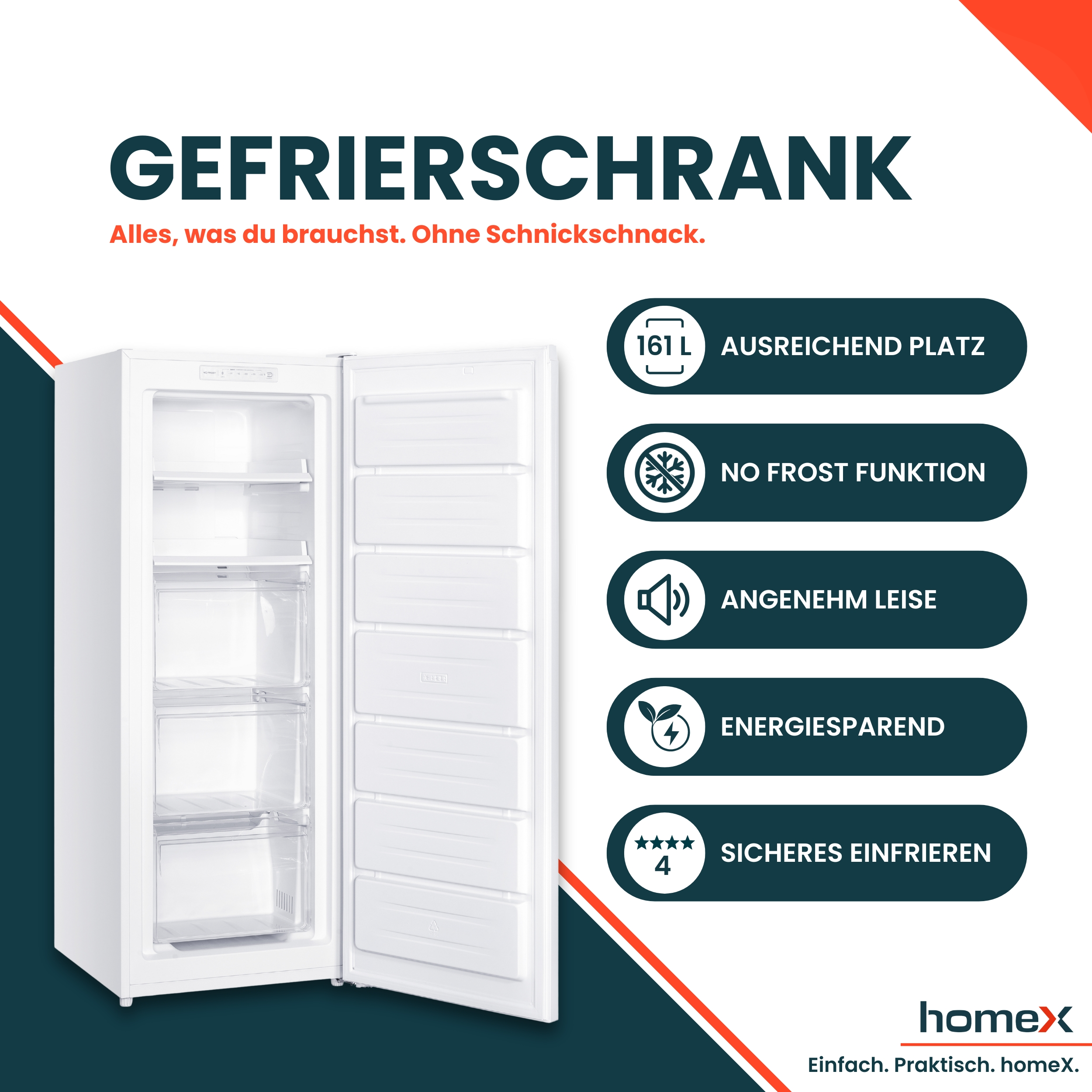 Ein weißer Gefrierschrank mit geöffneter Tür. Auf der rechten Seite werden mehrere Funktionen hervorgehoben.