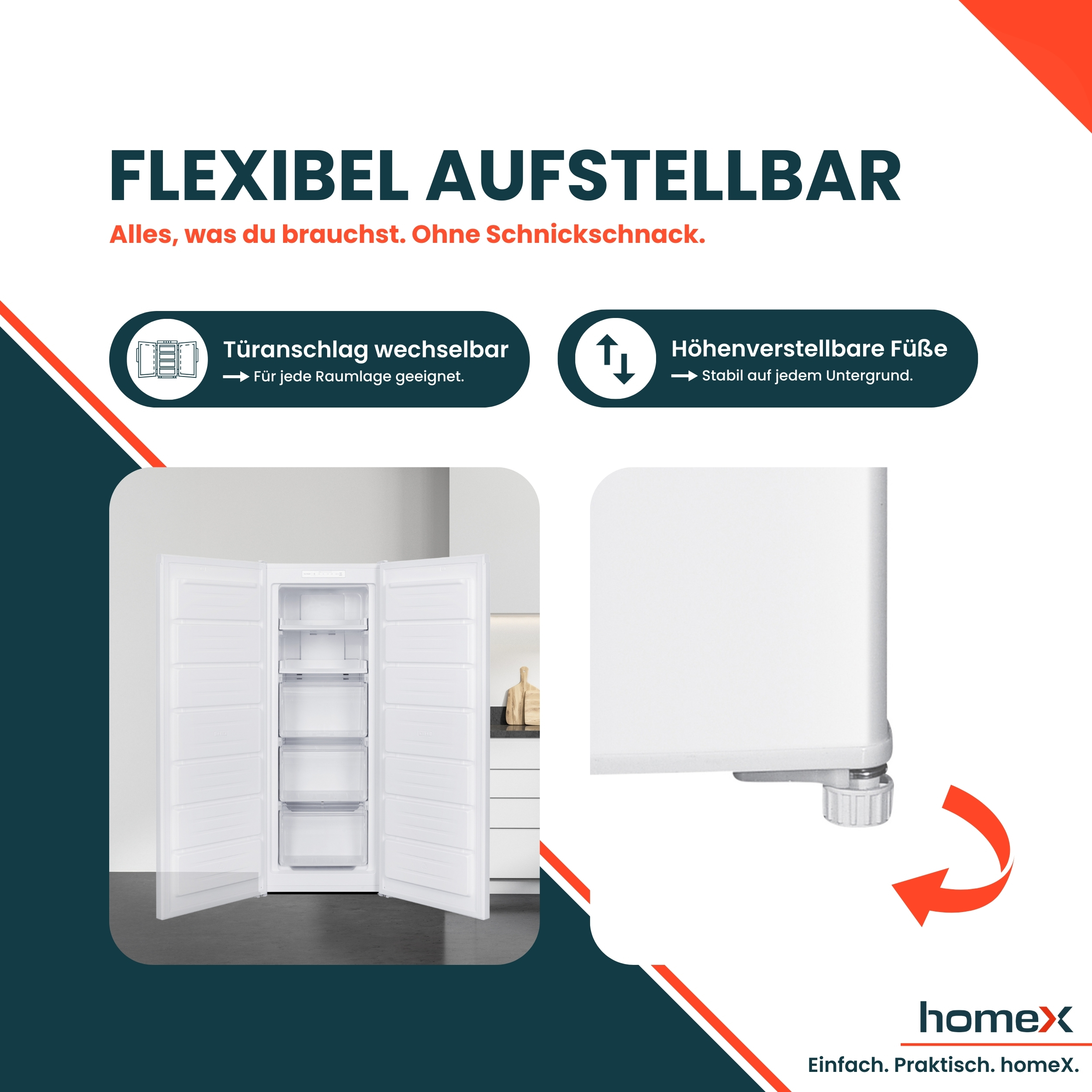 Ein weißer Kühlschrank mit offenen Türen wird gezeigt. Er hat verstellbare Füße und wechselbare Türscharniere. Text und Pfeile sind vorhanden.