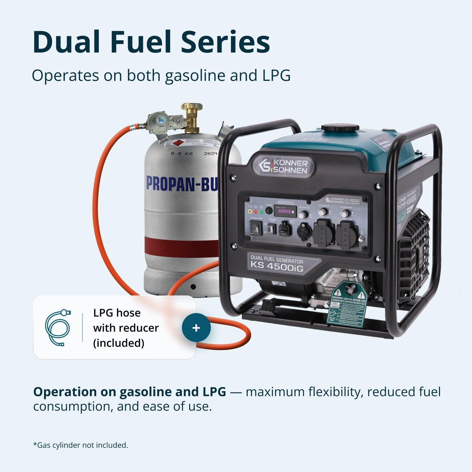 Un générateur et une bonbonne de propane reliés par un tuyau orange. Texte: Série Dual Fuel, fonctionne à l'essence et au GPL.