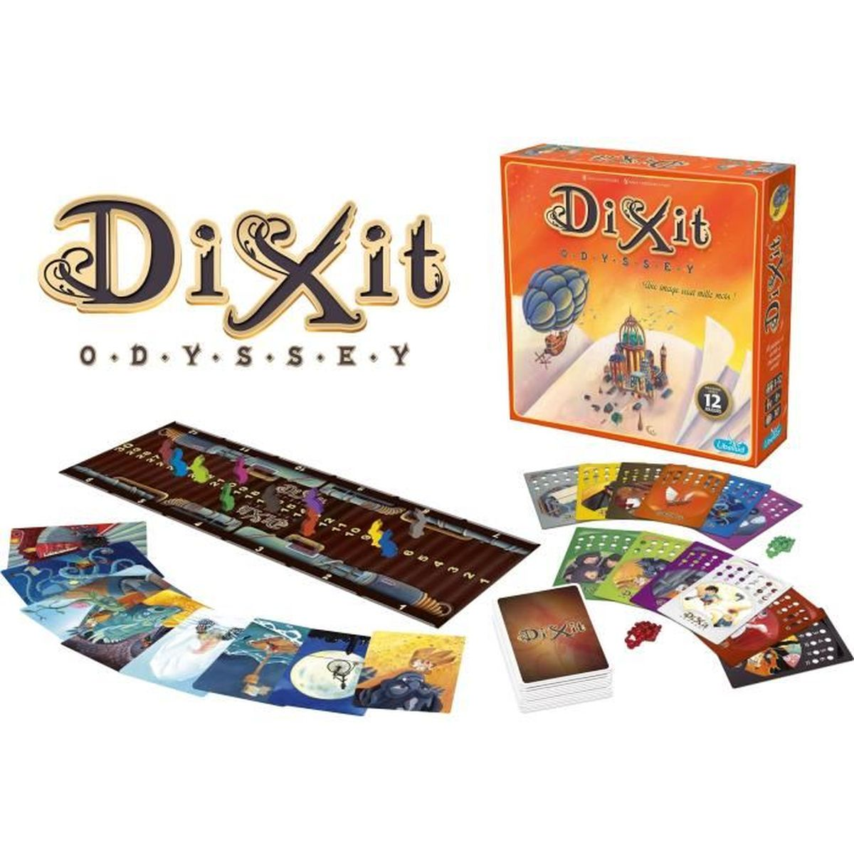 Dixit Odyssey Brettspiel. Enthält Spielbrett, Karten, Spielsteine und eine Box mit Kunstwerken. Die Box zeigt einen Heißluftballon und ein Schloss.