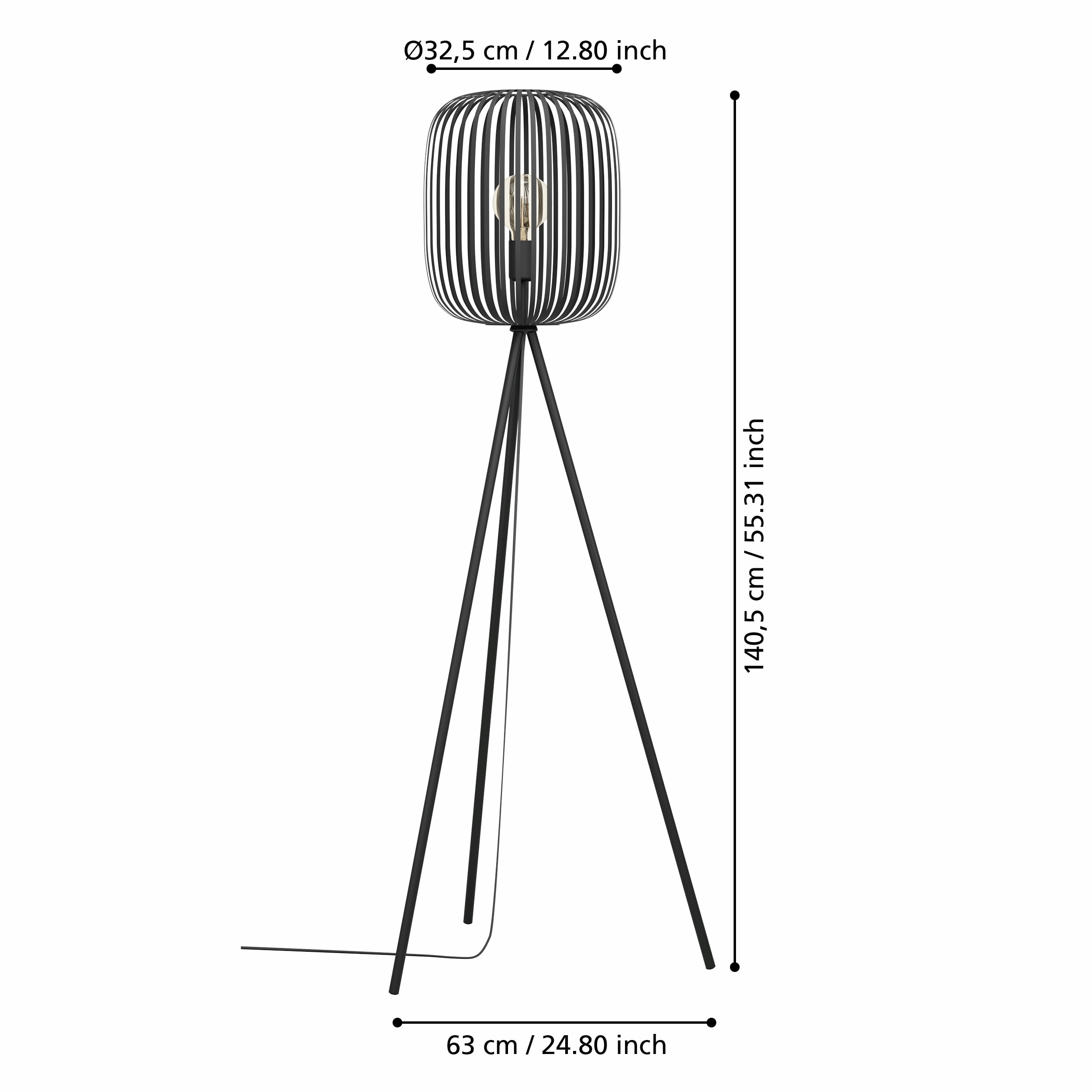 Een zwarte vloerlamp met cilindrische kap en statiefvoet, afmetingen in cm en inches.