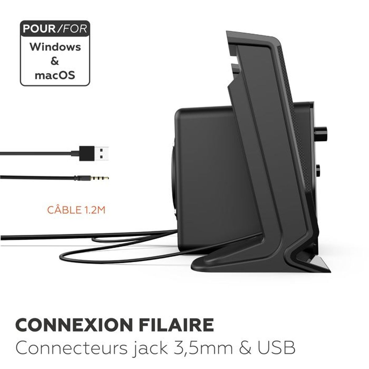 Un altoparlante nero con cavo, connettori USB e jack e un'etichetta che indica la compatibilità con Windows e macOS.