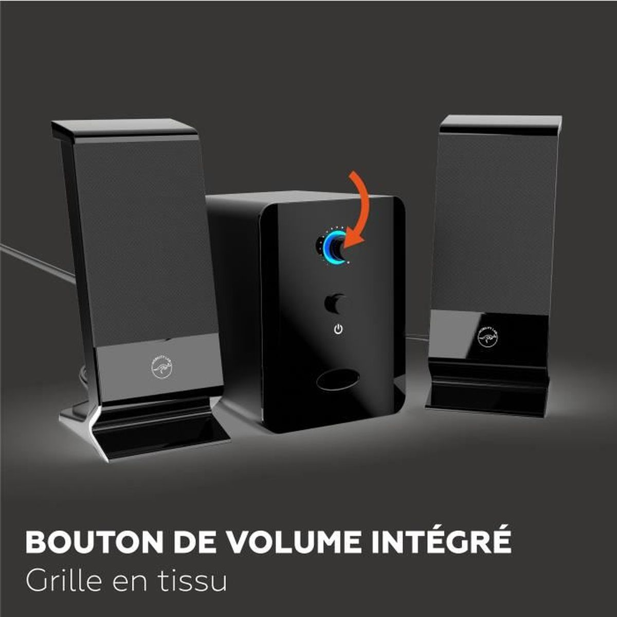 Sistema di altoparlanti nero con due altoparlanti e un'unità di controllo. Include manopola del volume, pulsante di accensione e griglia in tessuto.