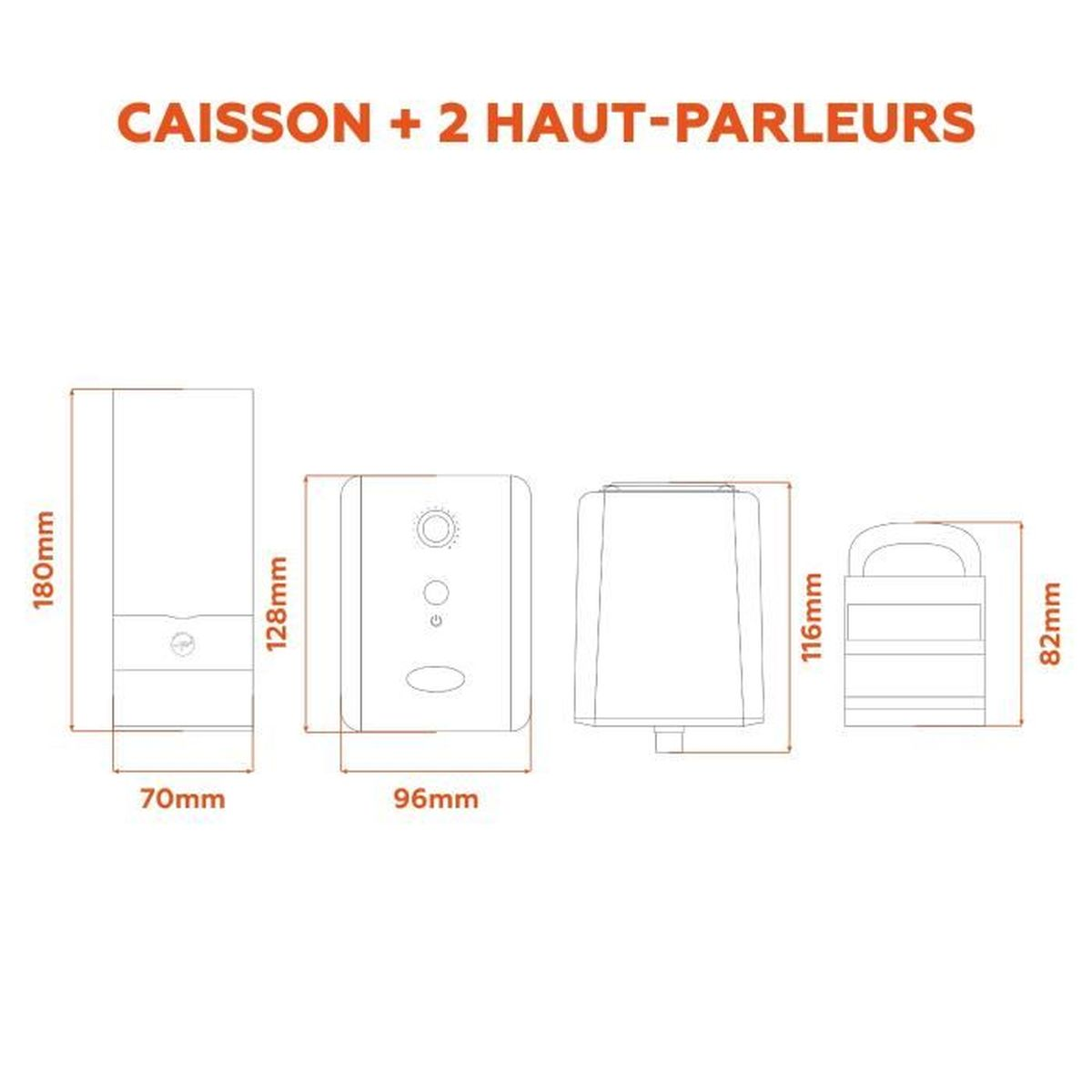 Schema di altoparlanti e subwoofer con dimensioni. Il testo in alto recita: 'CAISSON + 2 HAUT-PARLEURS'.