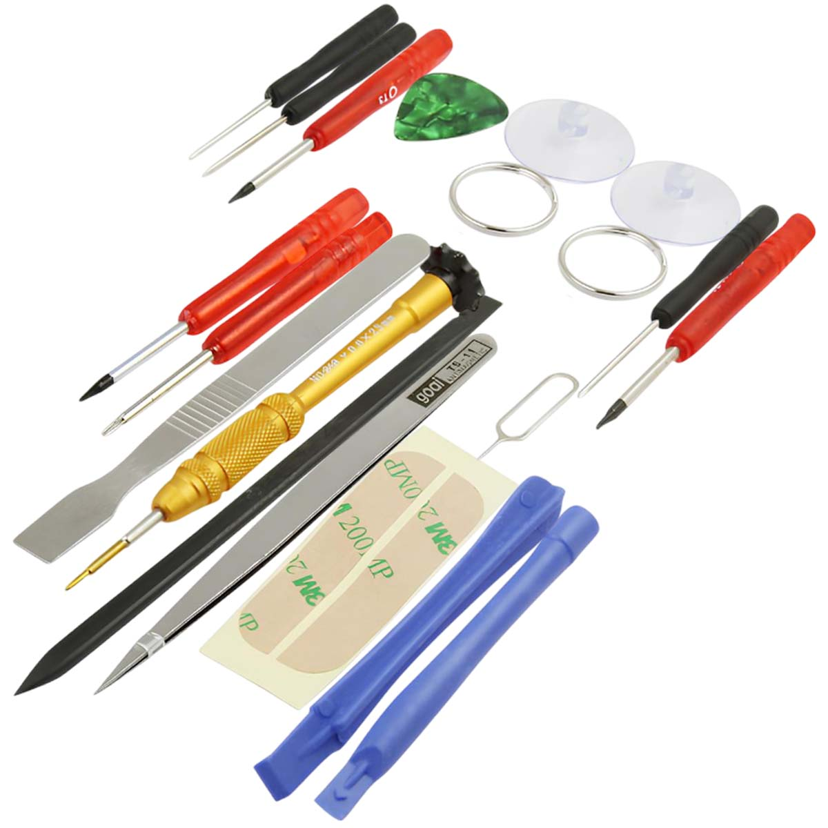Un set di strumenti di riparazione tra cui cacciaviti, leve, ventose e pinzette, disposti su una superficie bianca.