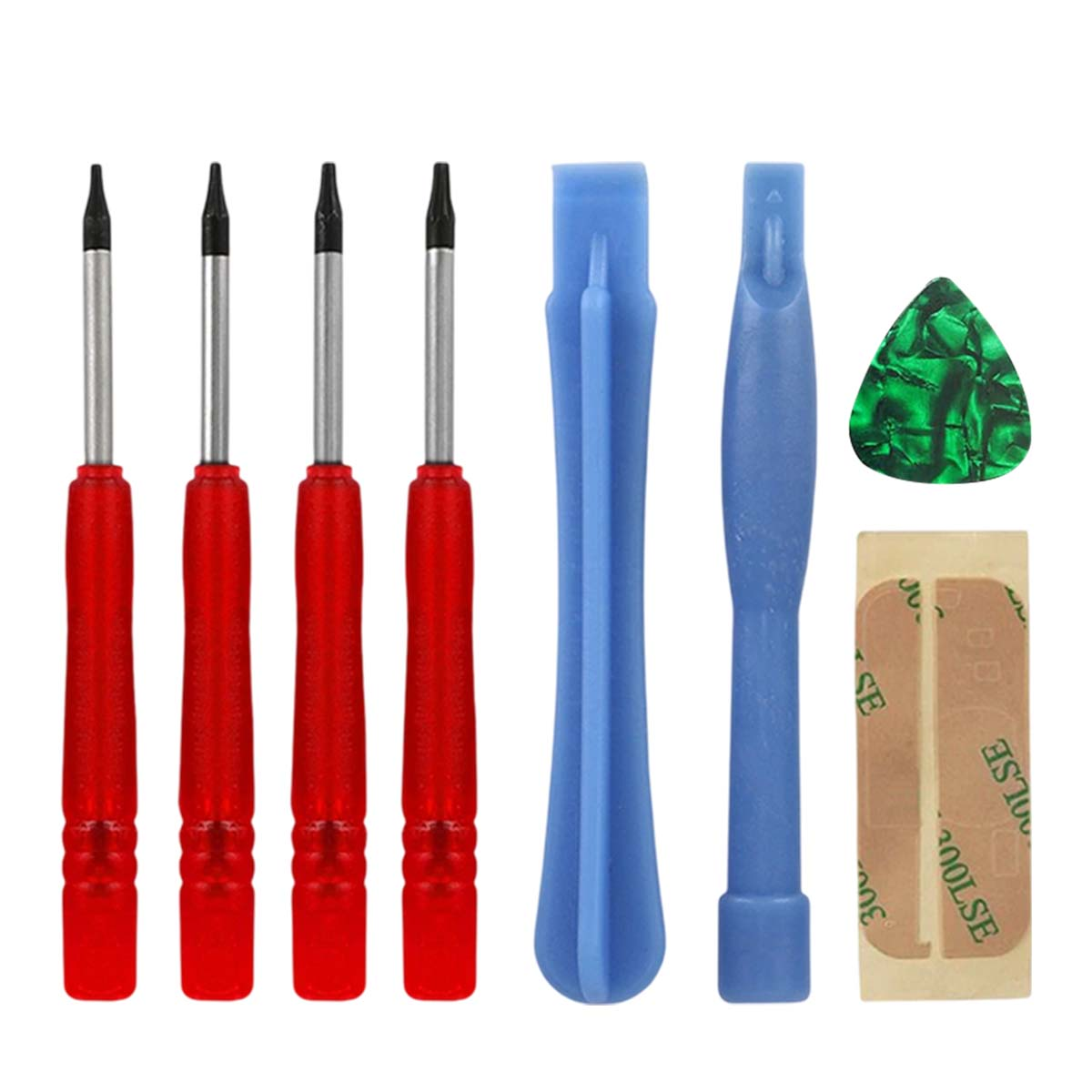 Set di piccoli cacciaviti con manici rossi, utensili in plastica blu, un plettro verde e un'etichetta. Sfondo bianco.