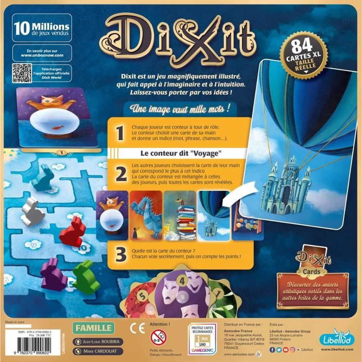 Dixit-Brettspielbox. Enthält Bilder, Text und Illustrationen. Enthält Karten, ein Schloss und verschiedene Spielelemente.
