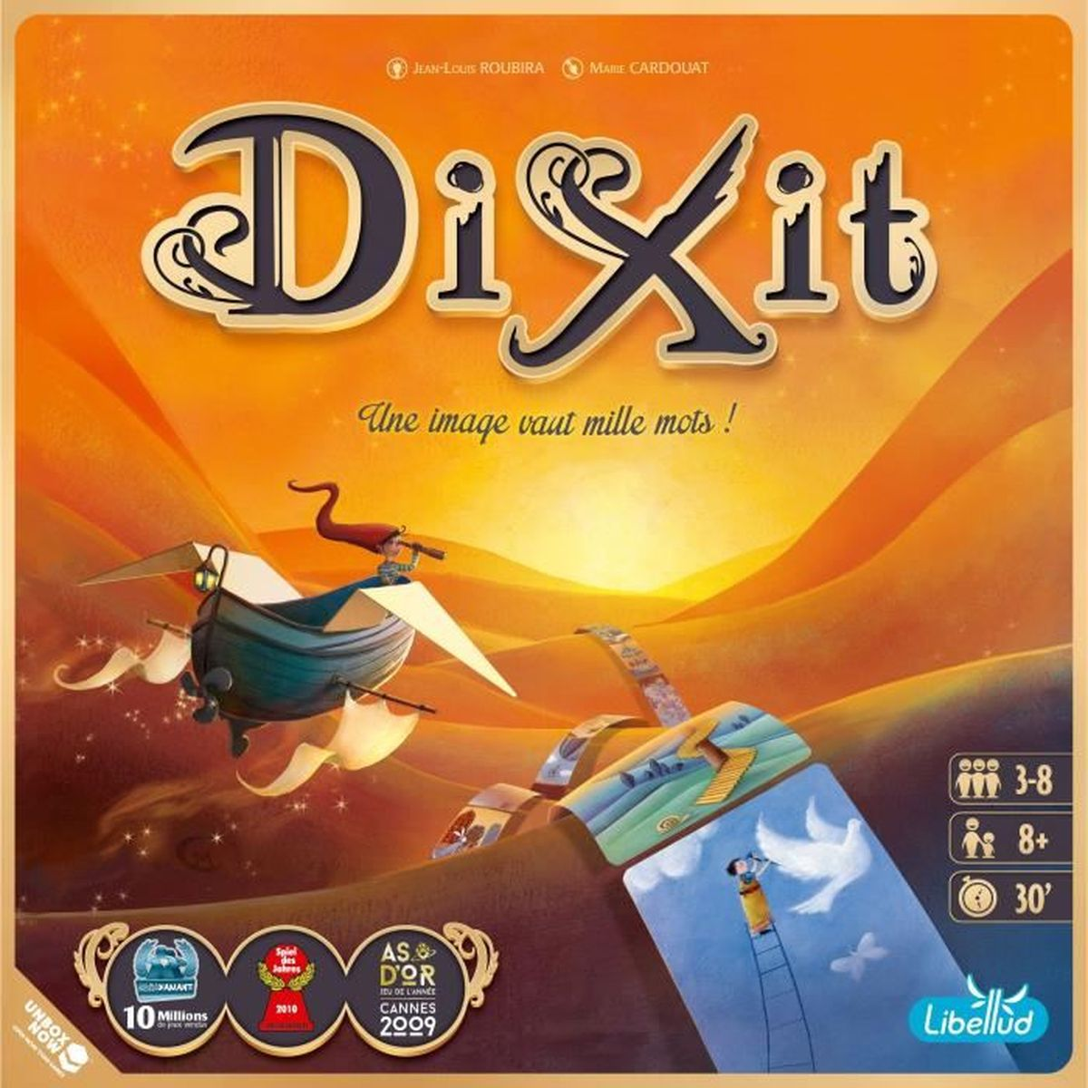 Dixit-Brettspiel-Cover. Ein fliegendes Boot, Karten mit Illustrationen und der Name des Spiels. Oranger Hintergrund.