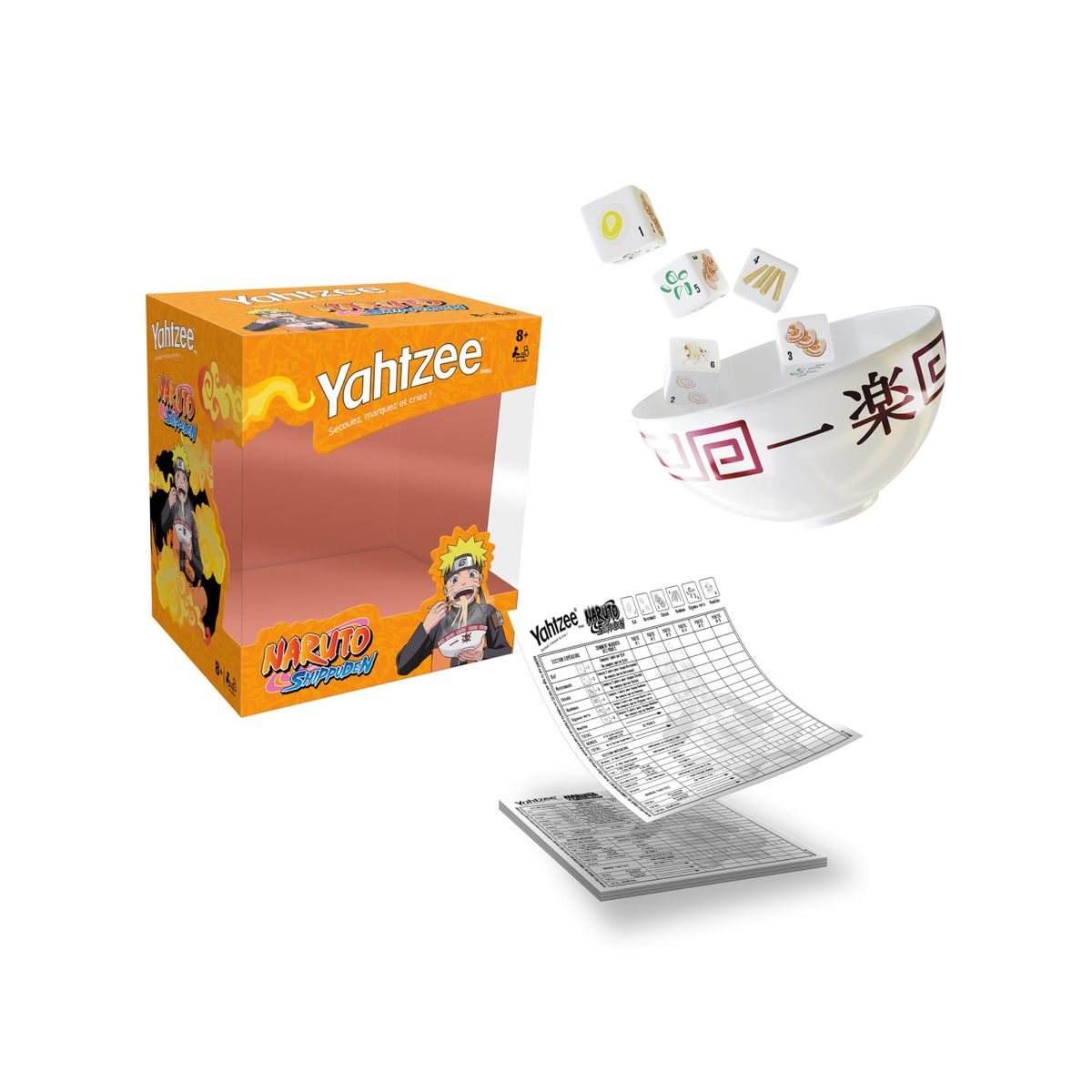 Ein Yahtzee-Spiel zum Thema Naruto. Enthält eine Box, Würfel, eine Schüssel und Spielkarten. Die Box zeigt Naruto und das Yahtzee-Logo.