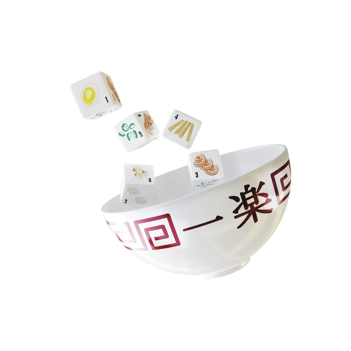 Eine weiße Schüssel mit japanischen Schriftzeichen. Würfel mit Essenssymbolen fallen in die Schüssel. Die Würfel zeigen ein Ei, Nudeln und mehr.