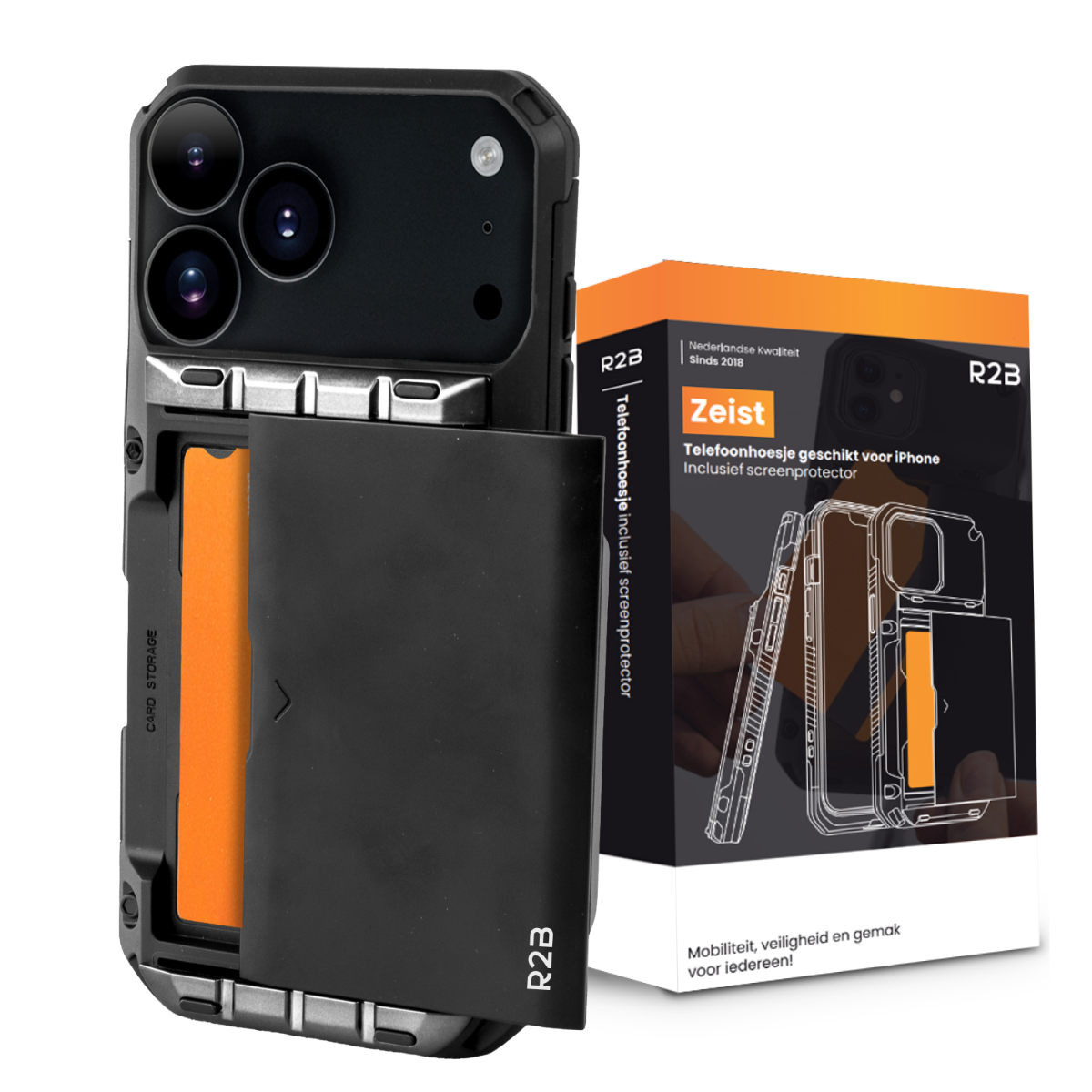 Zwarte telefoonhoes met kaarthouder, open om oranje kaart te tonen. Doos met telefoonhoes afbeelding, tekst 'Zeist' en merk 'R2B'.