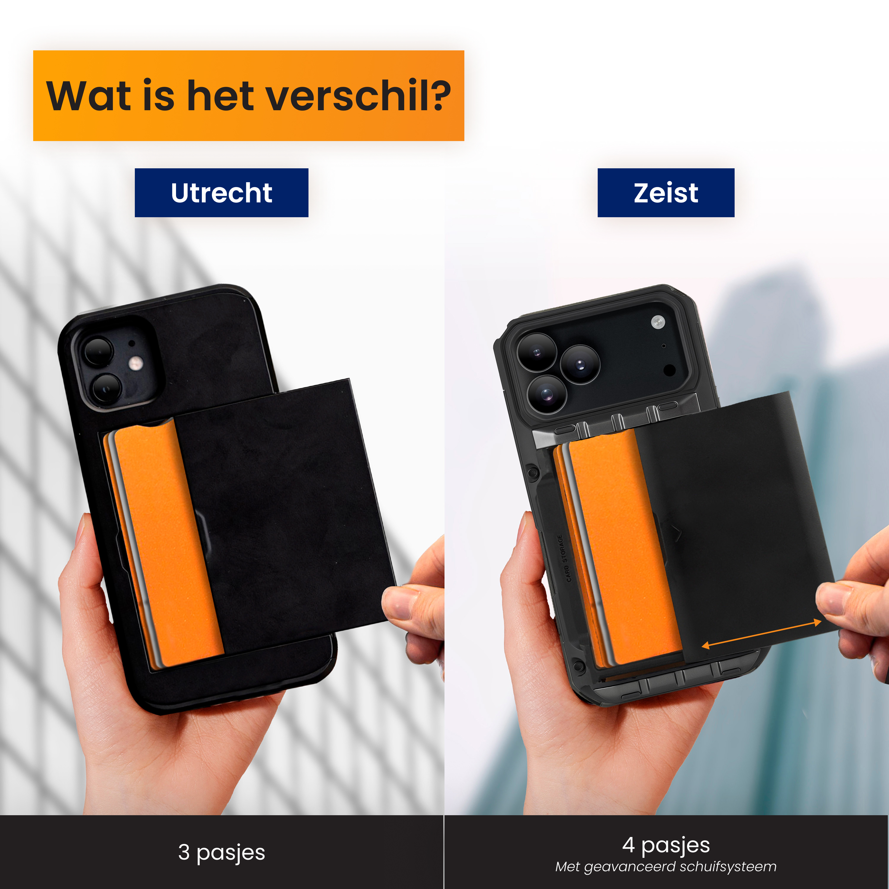 Afbeelding toont twee telefoonhoesjes. Eén bevat 3 kaarten en de andere 4. De tweede heeft een schuifsysteem.