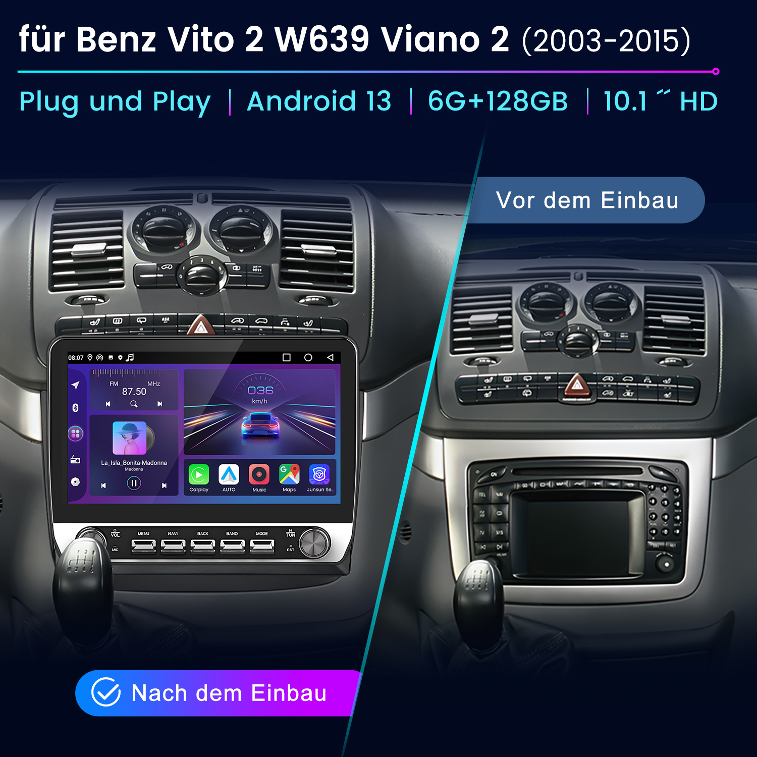 Vergleichsbild: altes Autoradio vs. neues Android-System. Neues System zeigt Karten, Musik und Fahrzeuginfos.