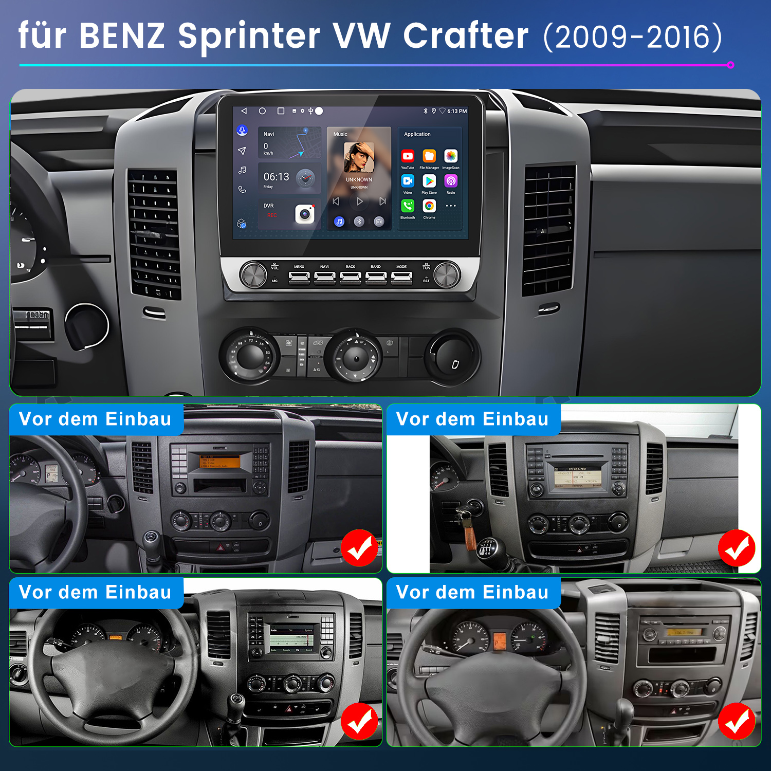 Armaturenbrett mit Bildschirm, der Navigation und Musik anzeigt. Darunter zeigen vier Bilder verschiedene Autointerieurs vor dem Einbau.