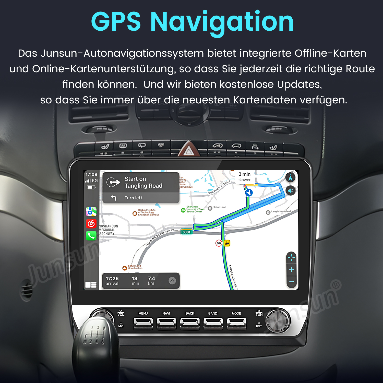 Auto-Navigationsbildschirm mit Karte und Route. Zeigt Anweisungen, Zeit und Entfernung. Knöpfe und Schalthebel sichtbar.