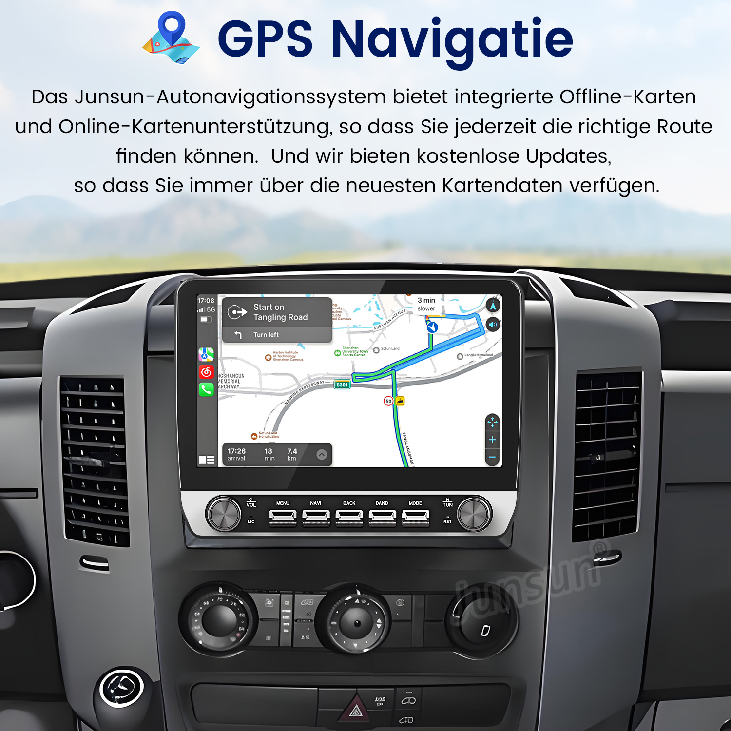 Armaturenbrett mit GPS-Navigationsbildschirm, der eine Karte und Routenführung anzeigt. Der Text oben lautet GPS Navigation.