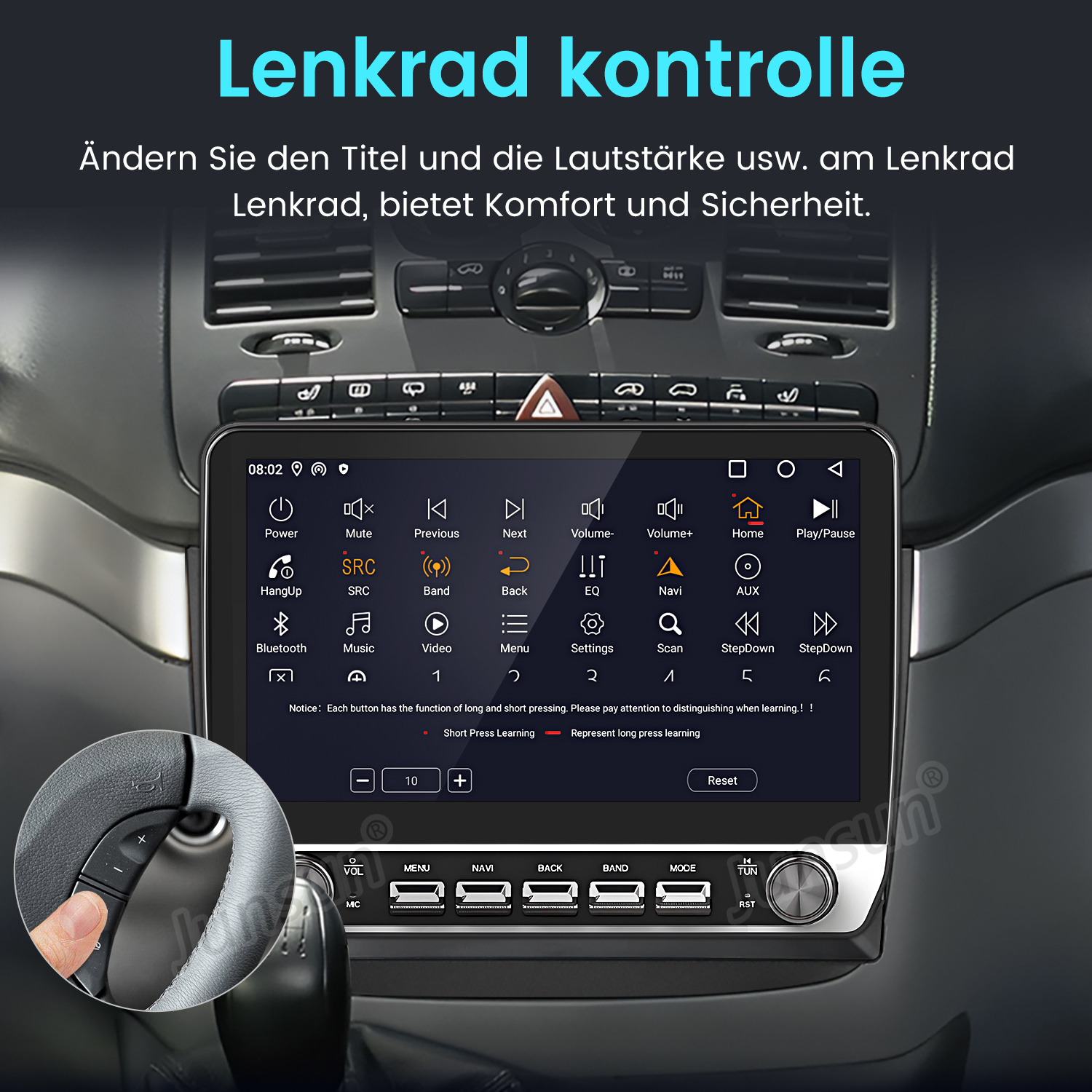 Auto-Armaturenbrett mit Touchscreen-Display mit Steuerungsoptionen. Lenkrad im Vordergrund. Text auf Deutsch.