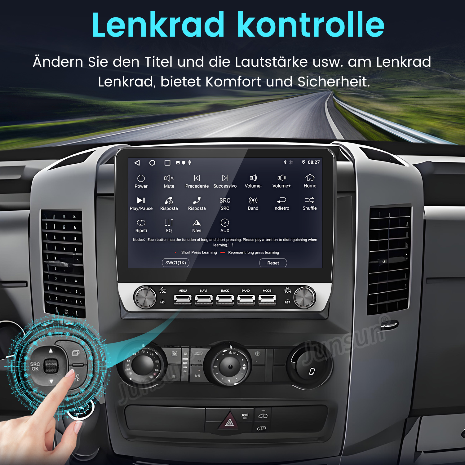 Autoinstrumententafel mit Bildschirm. Eine Hand berührt ein Zifferblatt. Text: 'Lenkrad Kontrolle'.