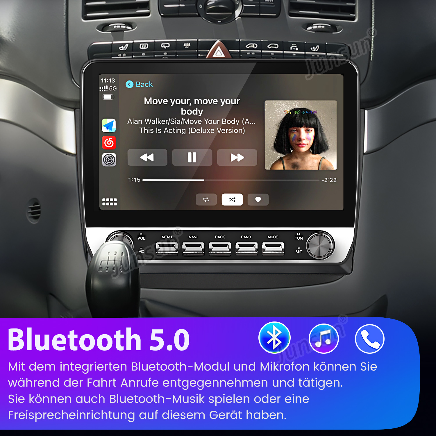 Autoradio-Bildschirm, der Musik abspielt. Bluetooth 5.0-Funktionen werden hervorgehoben. Der Bildschirm zeigt einen Song von Alan Walker/Sia.