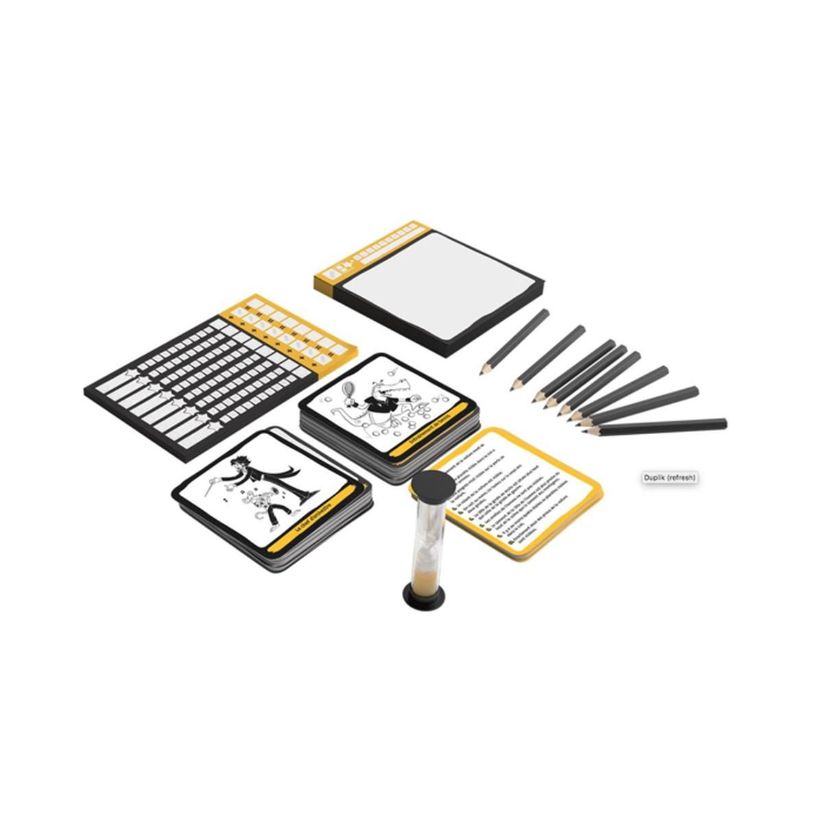 Ein Brettspiel-Set. Enthält Karten, Bleistifte, einen Timer, Anzeigetafeln und einen Notizblock. Karten zeigen Cartoon-Illustrationen und Text.