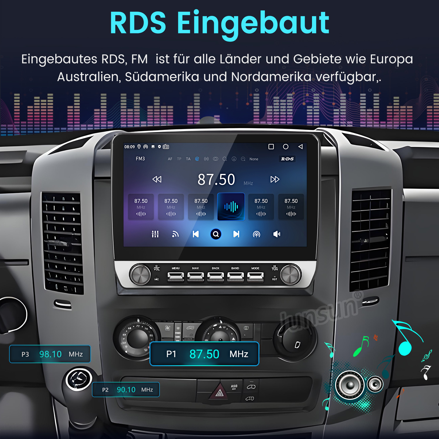 Autoradio-Bildschirm mit FM-Radio-Informationen. Tasten, Drehregler und voreingestellte Sender sind sichtbar. Ein Logo 'Junsun' ist vorhanden.