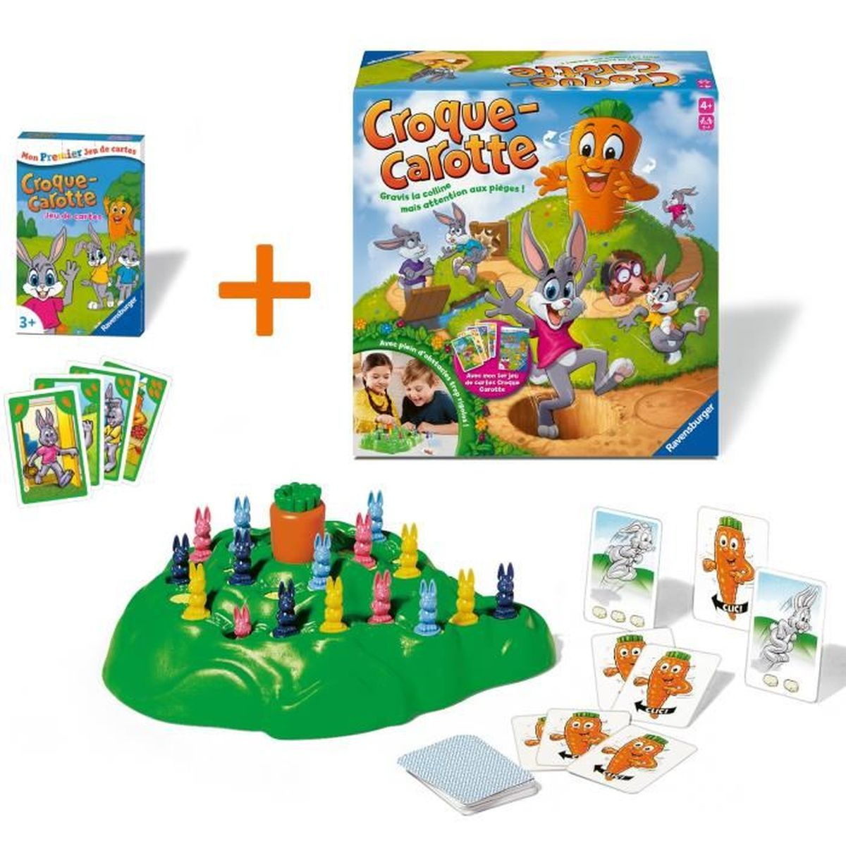 Croque-Carotte-Brettspiel. Enthält eine Box, Karten und einen grünen Hügel mit Kaninchenfiguren. Das Spiel hat eine Karotte oben.
