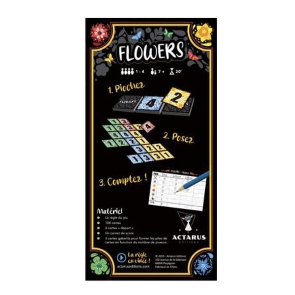 Ein schwarzes Spielbrett mit dem Titel 'FLOWERS'. Es zeigt Spielanweisungen, nummerierte Schritte und Materialliste, plus einige Blumen.