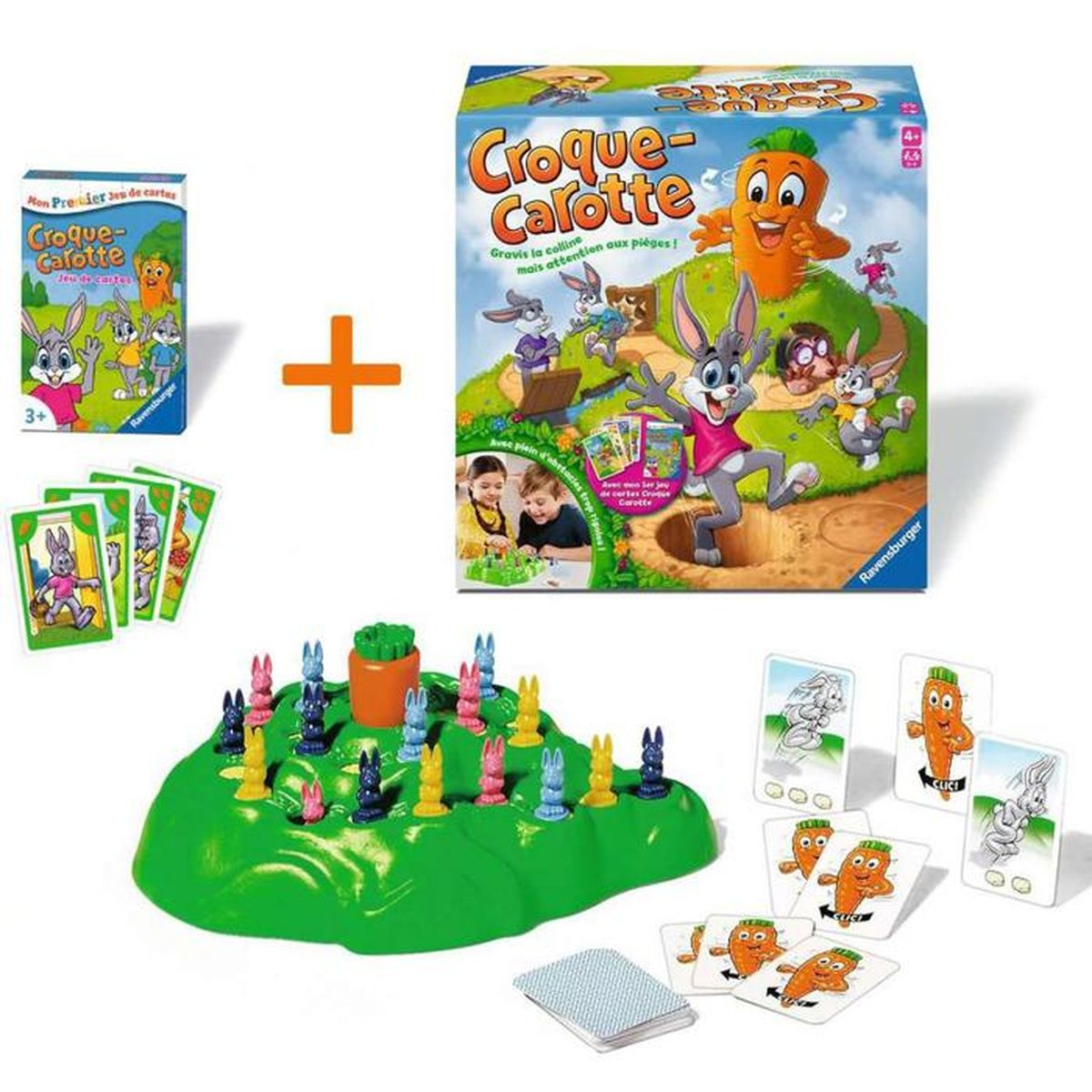 Ein Brettspiel, Karten und ein Spielbrett mit Hasenfiguren. Das Spiel heißt 'Croque-Carotte' mit einem Karottenmaskottchen.