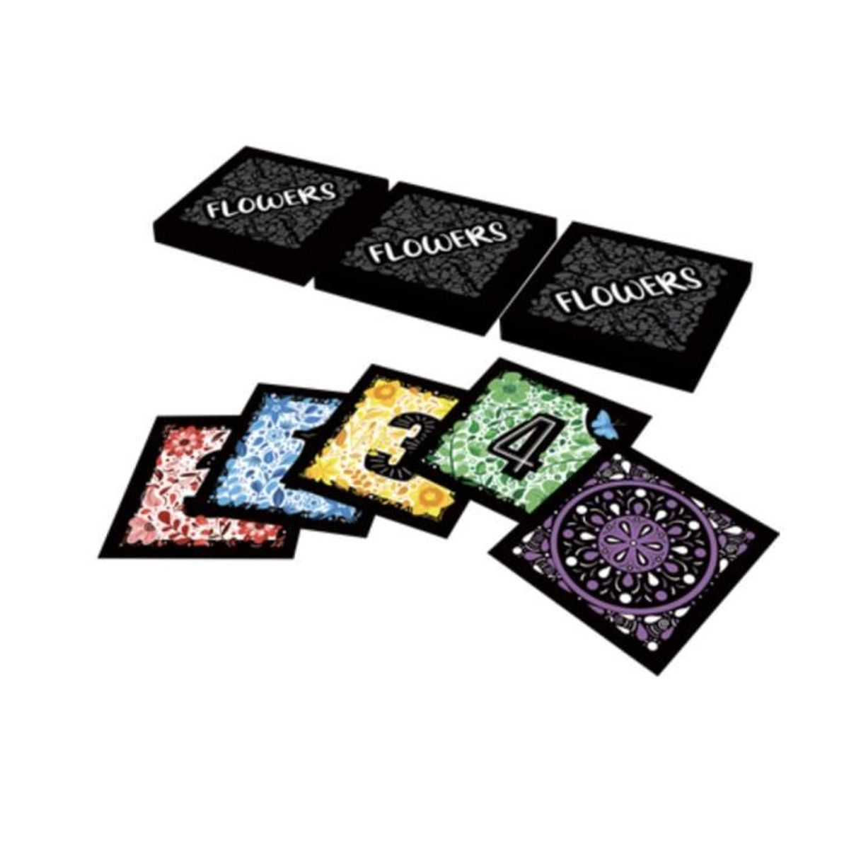 Spielkarten mit Blumen. Einige haben die Zahlen 1-4, andere tragen 'FLOWERS'. Verschiedene Farben: Rot, Blau, Gelb, Grün und Lila.