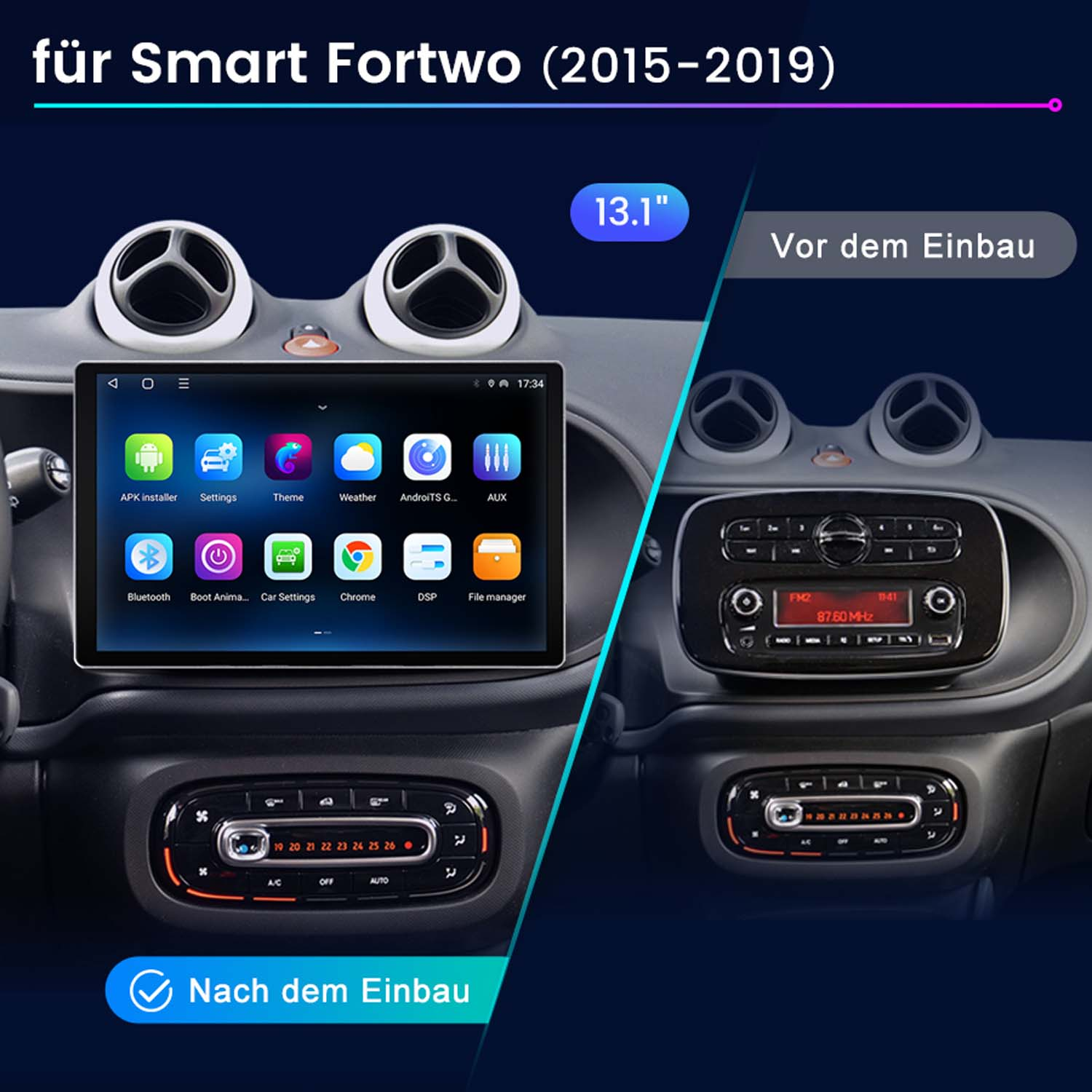 Das Bild zeigt ein Armaturenbrett vor und nach der Installation eines neuen Bildschirms. Der neue Bildschirm zeigt Apps. Das Originalradio ist rechts.