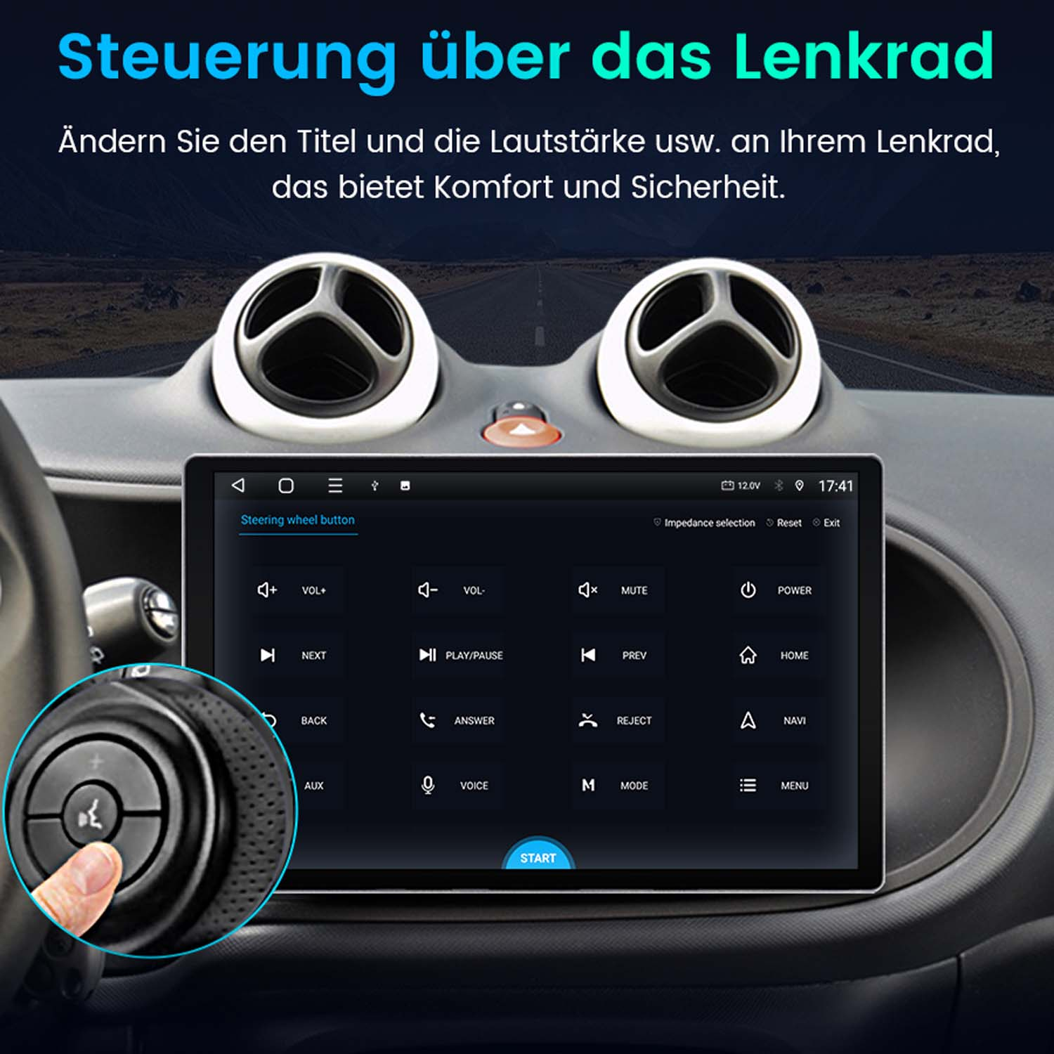 Autoinnenraum mit Bildschirm, der Bedienelemente anzeigt. Eine Hand drückt eine Lenkradtaste. Text auf Deutsch.