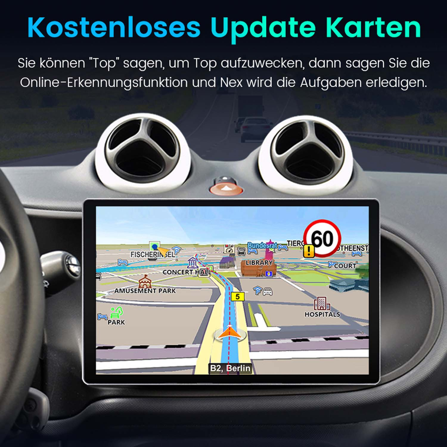 Auto-Navigationsbildschirm mit einer Karte von Berlin, Deutschland, mit einer Geschwindigkeitsbegrenzung von 60. Das Armaturenbrett hat Lüftungsöffnungen.