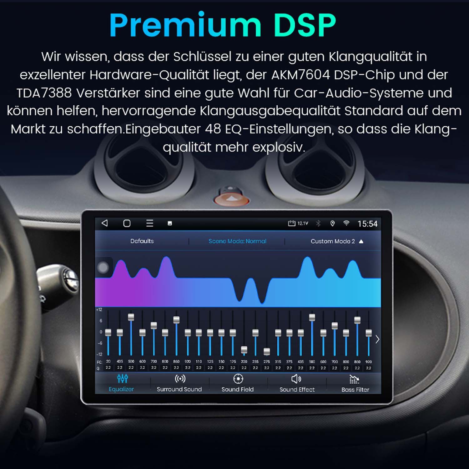 Auto-Audiosystem-Schnittstelle mit Equalizer-Einstellungen auf dem Bildschirm. Text beschreibt Audioqualität und Funktionen.
