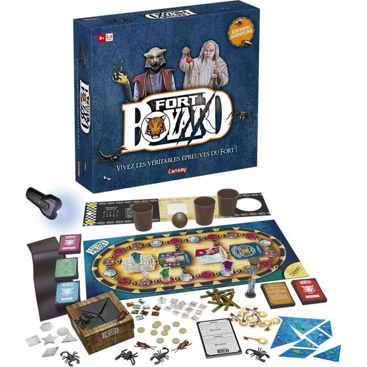 Ein Brettspiel-Set auf einem Tisch. Es zeigt eine Box mit Charakteren und dem Titel 'Fort Boyard'. Spielsteine umgeben es.