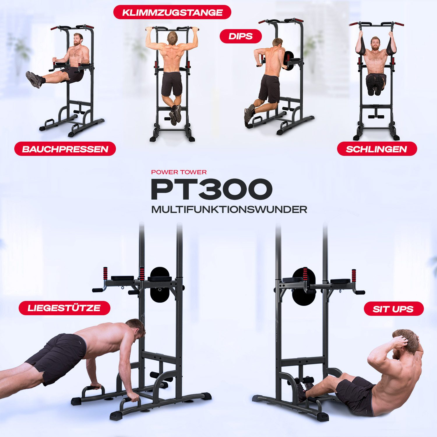 Ein Power Tower, auf dem Männer verschiedene Übungen machen: Dips, Klimmzüge, Beinheben, Liegestütze und Sit-ups. Text beschreibt jede Übung.