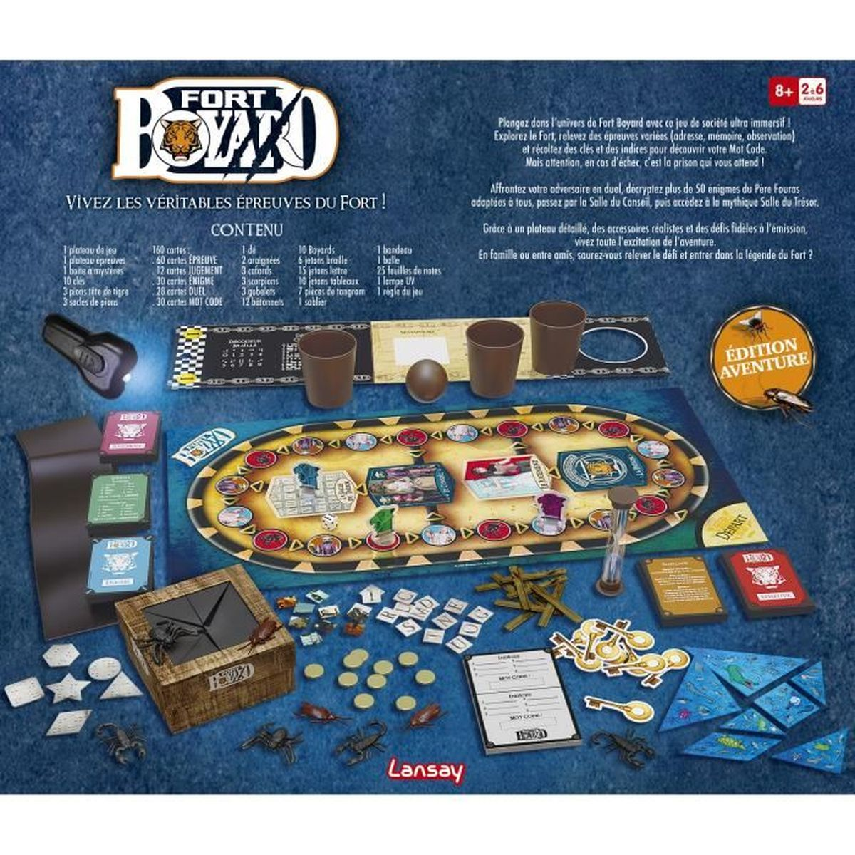 Ein Brettspiel mit Spielbrett, Karten, Spielsteinen und kleinen Figuren, mit dem Fort Boyard Logo.