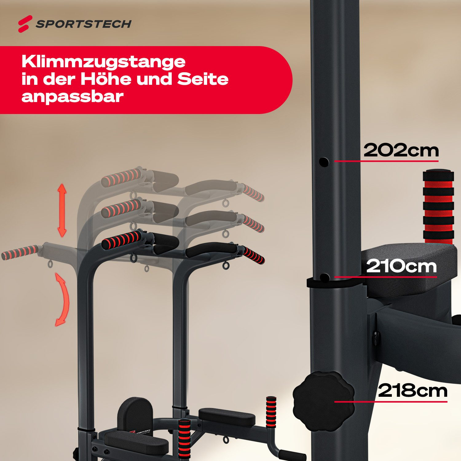 Eine schwarze Klimmzugstange mit roten Akzenten. Text weist auf Verstellbarkeit hin. Maße sind bei 202cm, 210cm und 218cm angegeben.