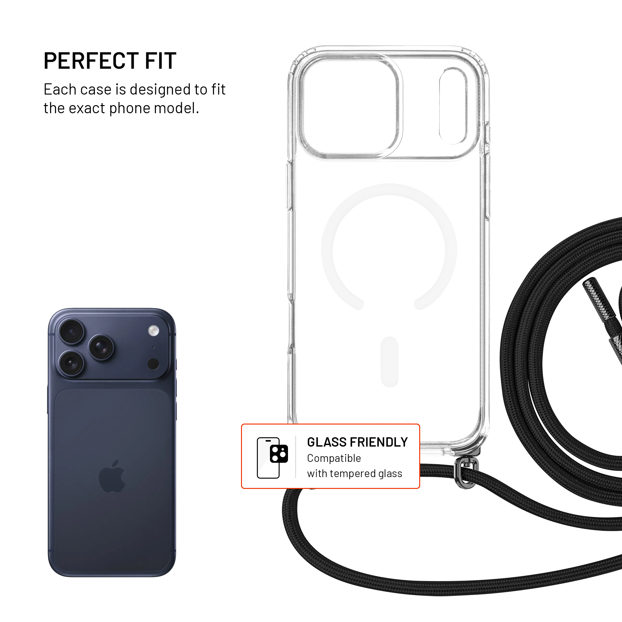 Das Bild zeigt eine Handyhülle, ein Handy und ein Schlüsselband. Der Text lautet 'Perfect Fit' und 'Glass Friendly'.