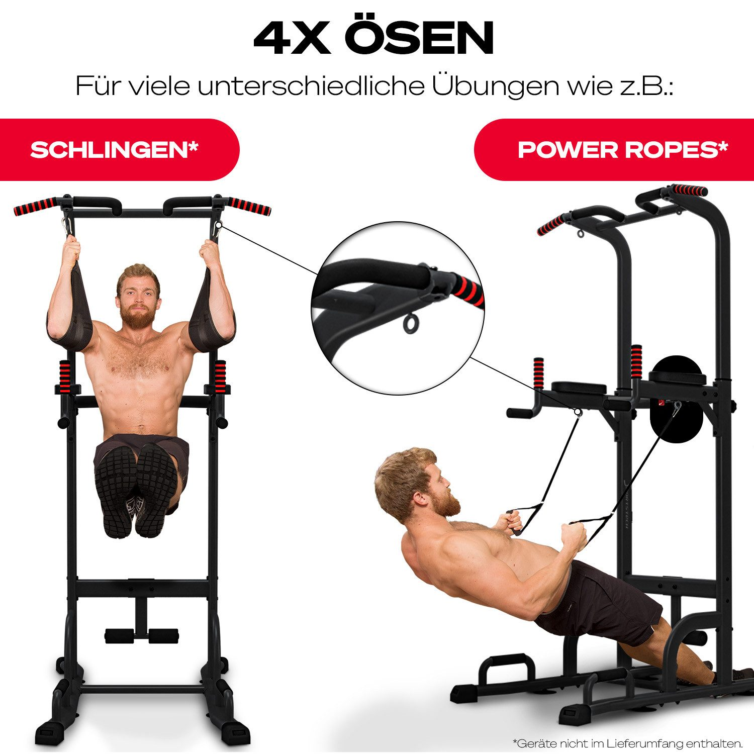 Zwei Männer demonstrieren Trainingsgeräte. Einer hängt an einer Stange, der andere zieht Seile. Text: 4X ÖSEN, SCHLINGEN, POWER ROPES.
