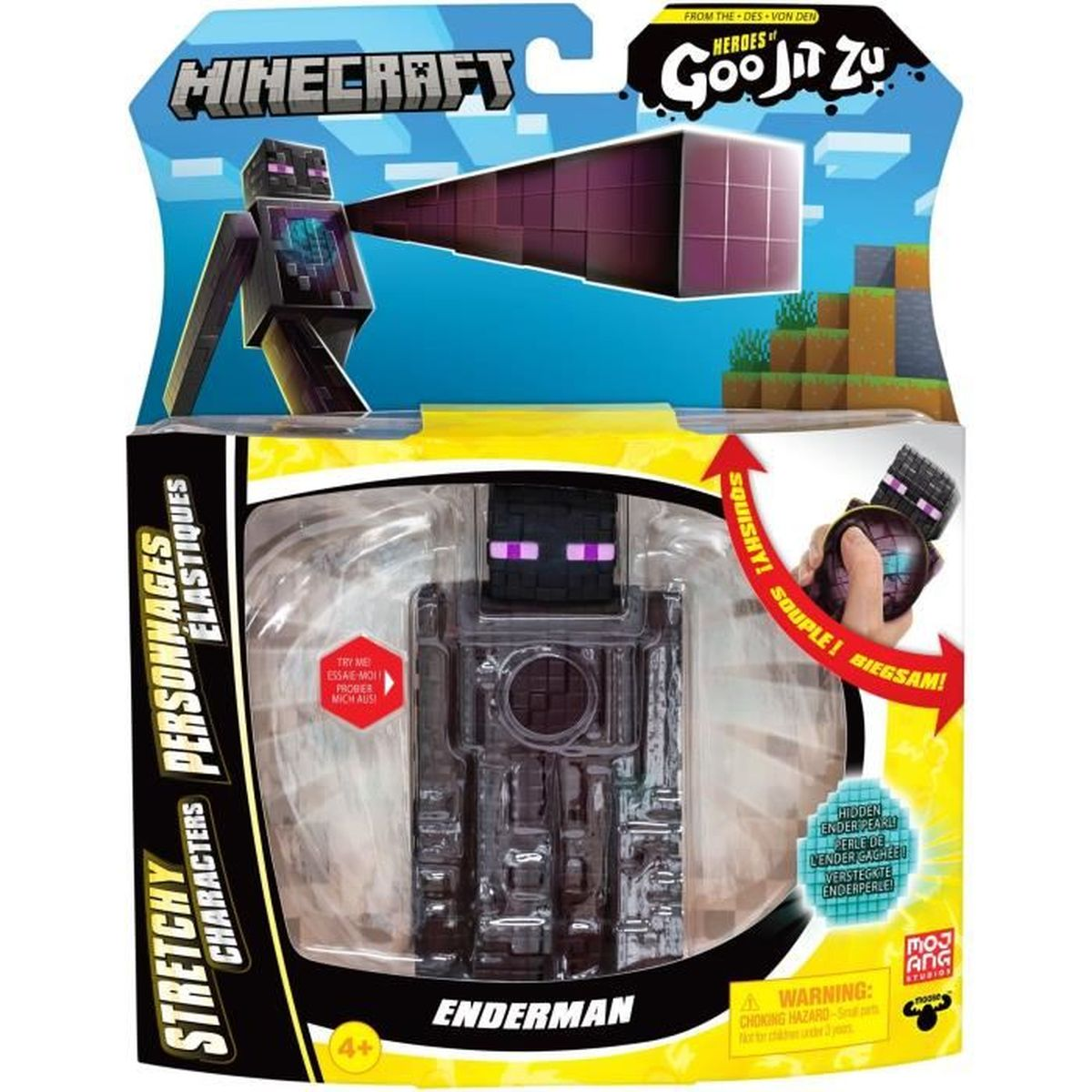 Minecraft Enderman-Actionfigur in einer Verpackung. Die Figur ist schwarz mit lila Augen. Die Verpackung hat Minecraft- und Goo Jit Zu-Logos.