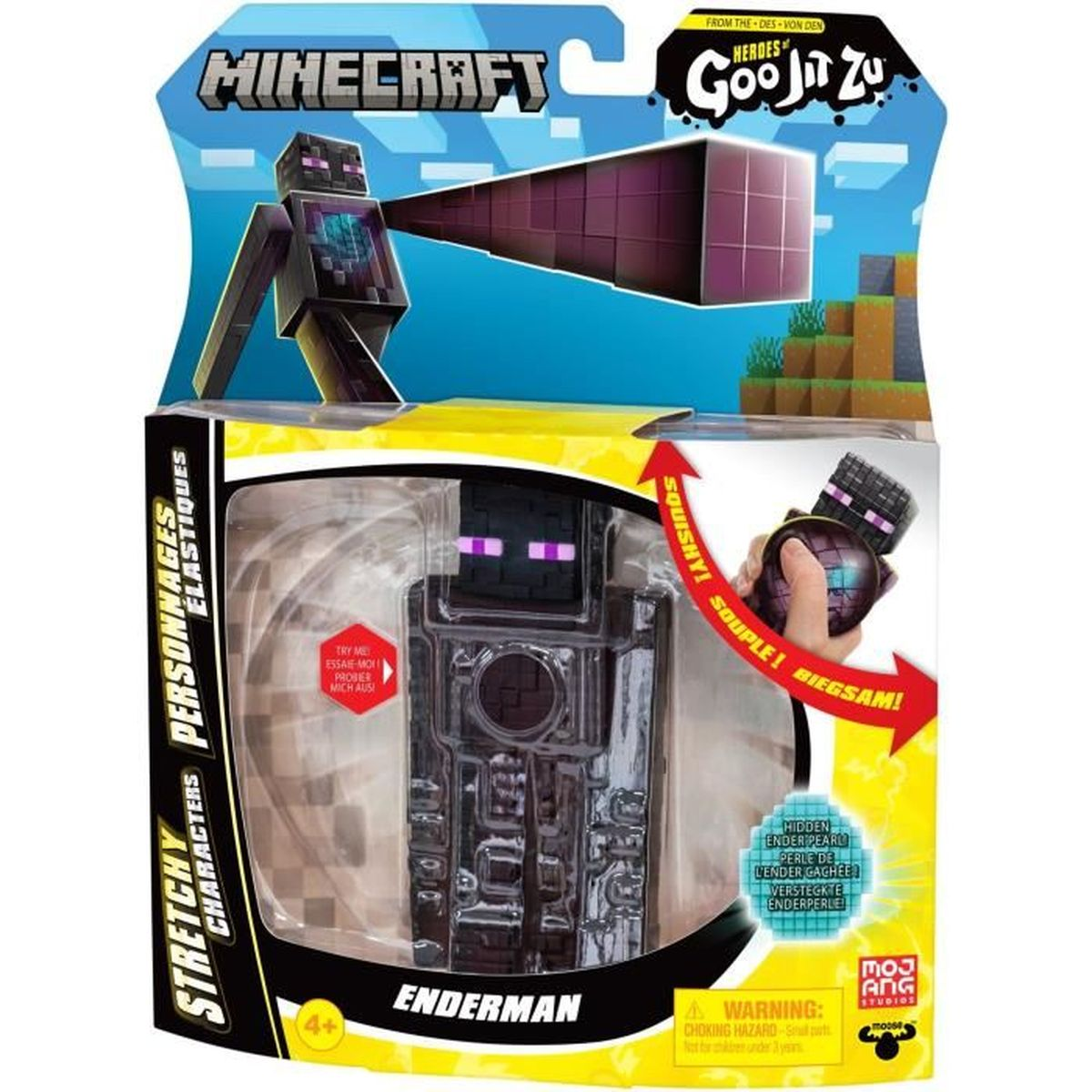 Ein Minecraft Enderman-Spielzeug in der Verpackung. Das Spielzeug ist schwarz mit lila Augen. Die Verpackung enthält Text in mehreren Sprachen und eine Warnung.
