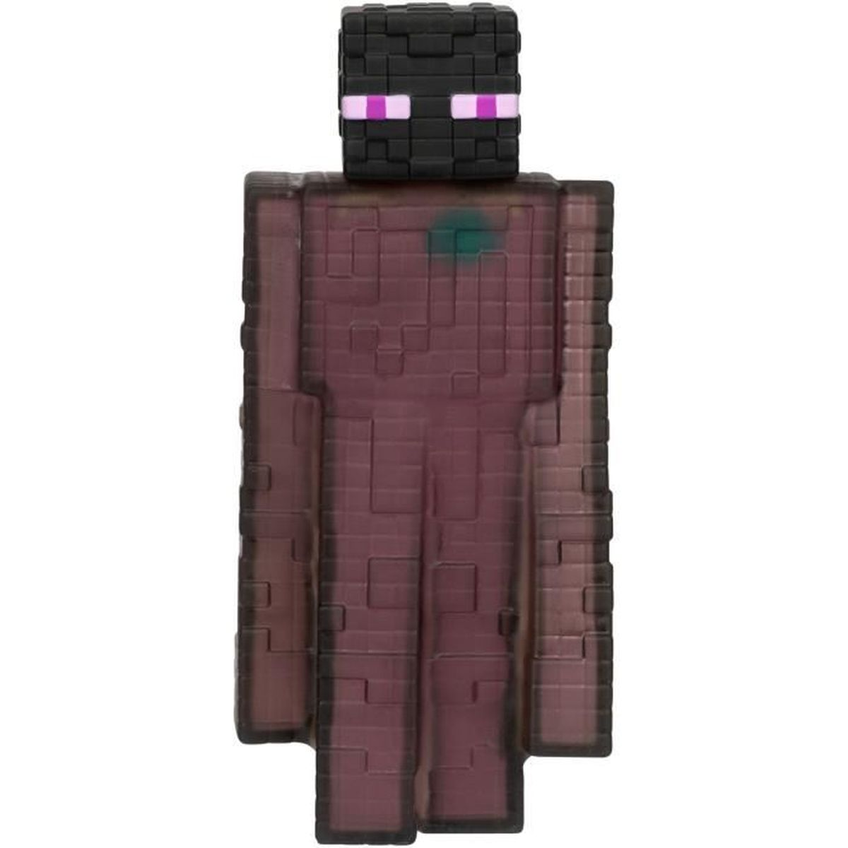Eine Minecraft Enderman Figur. Sie hat einen schwarzen Kopf und Körper, lila Augen und einen grünen Punkt auf der Brust. Die Figur ist lila.