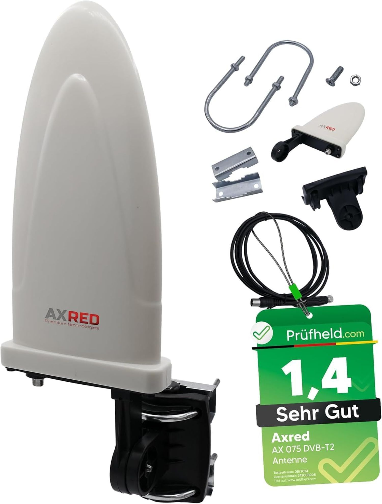Weiße AXRED-Antenne mit Montagematerial und Kabel. Enthält ein grün-weißes Bewertungsschild mit der Aufschrift 'Sehr Gut'.