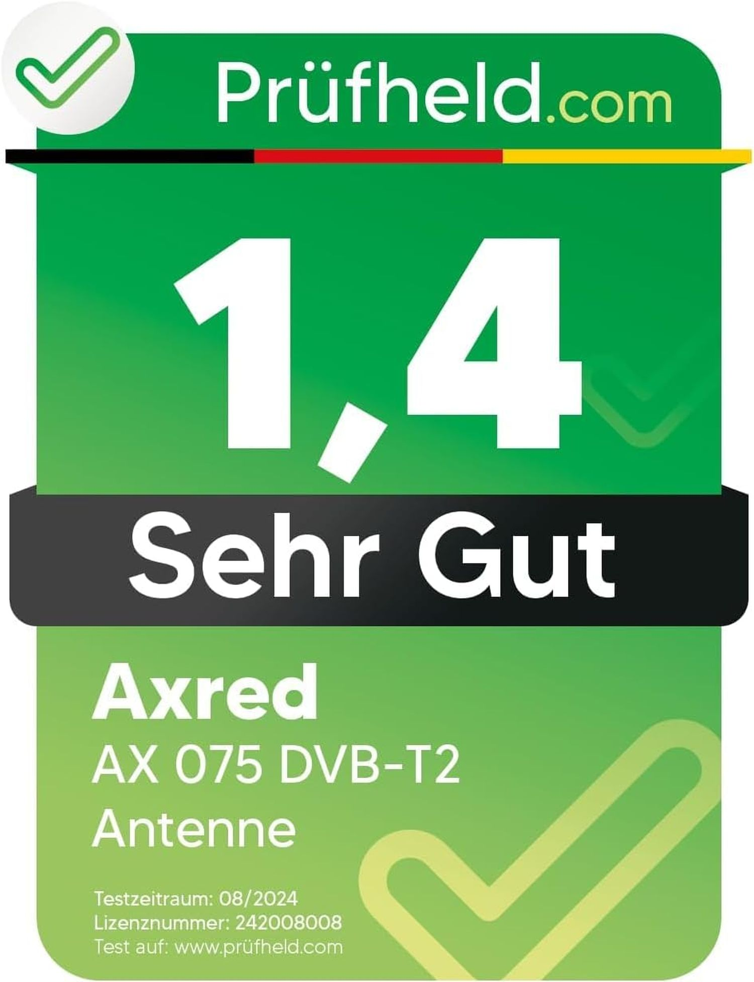 Eine grüne Grafik mit 'Prüfheld.com', der Zahl 1,4 und 'Sehr Gut'. Außerdem wird 'Axred AX 075 DVB-T2 Antenne' angezeigt.