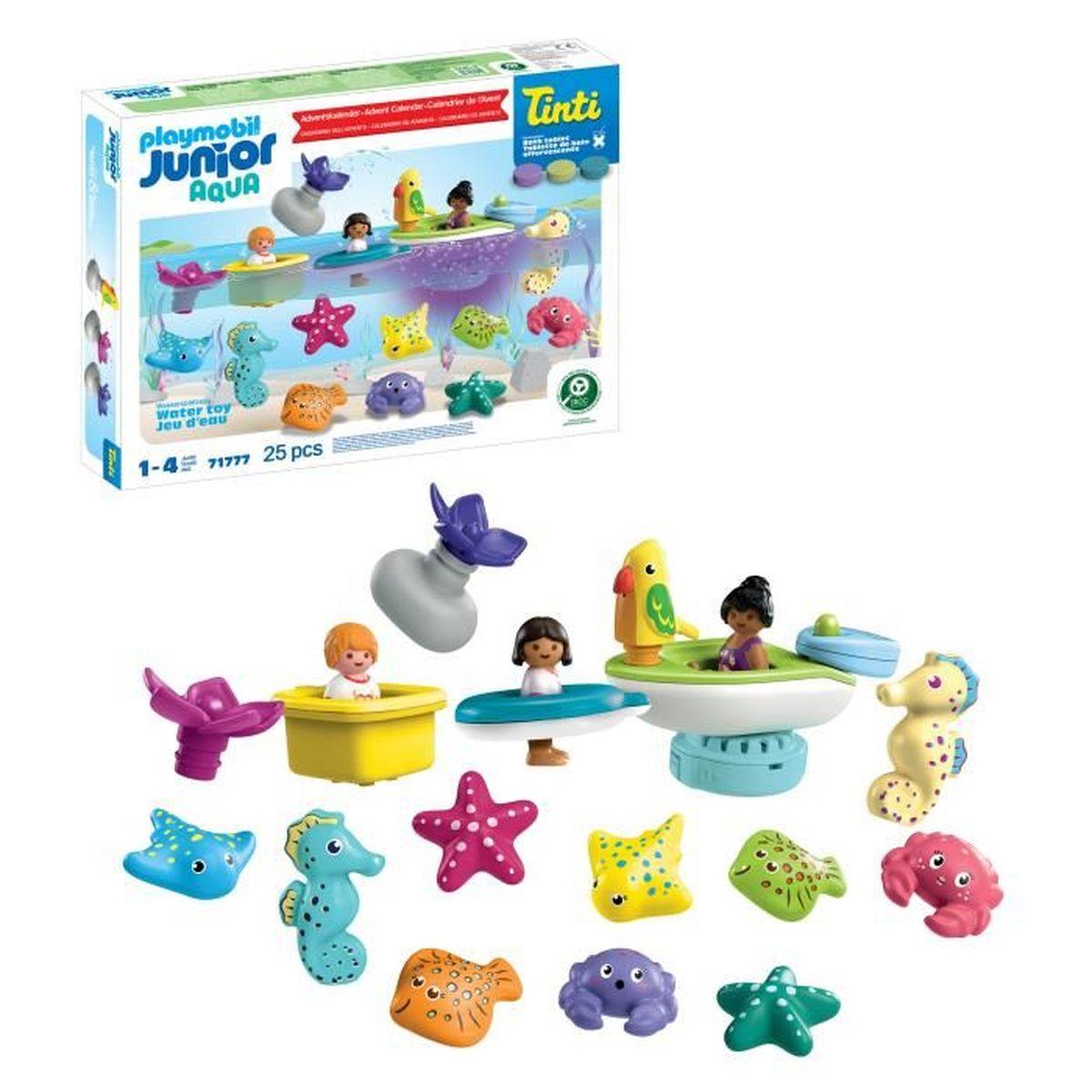 Ein Playmobil Junior Aqua Wasserspielzeug-Set. Es enthält Spielfiguren, Boote und Meerestiere wie Seesterne und Seepferdchen.