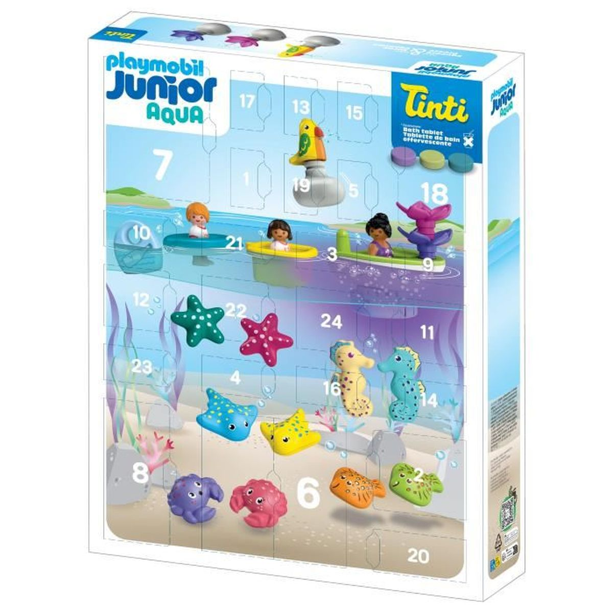 Playmobil Junior Aqua Adventskalender. Es zeigt verschiedene Spielfiguren, darunter Meeresbewohner und Charaktere, in einer bunten Box.