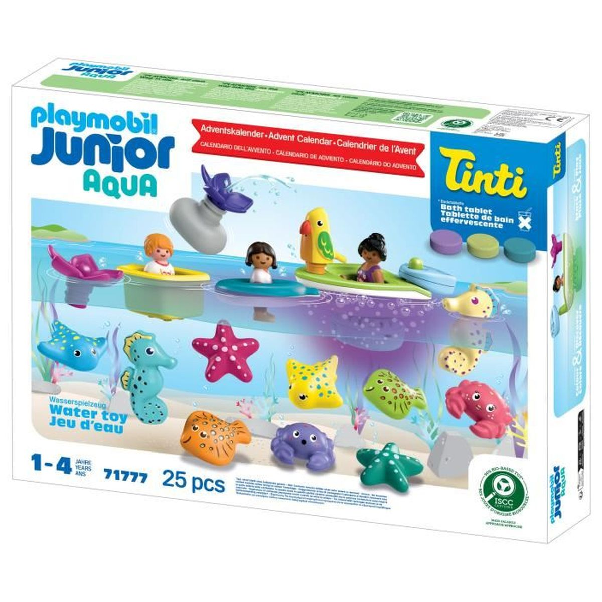 Ein Playmobil Junior Aqua-Box-Set mit Spielzeugbooten, Meeresbewohnern und Figuren. Enthält die Tinti Badetablette und einen Adventskalender.