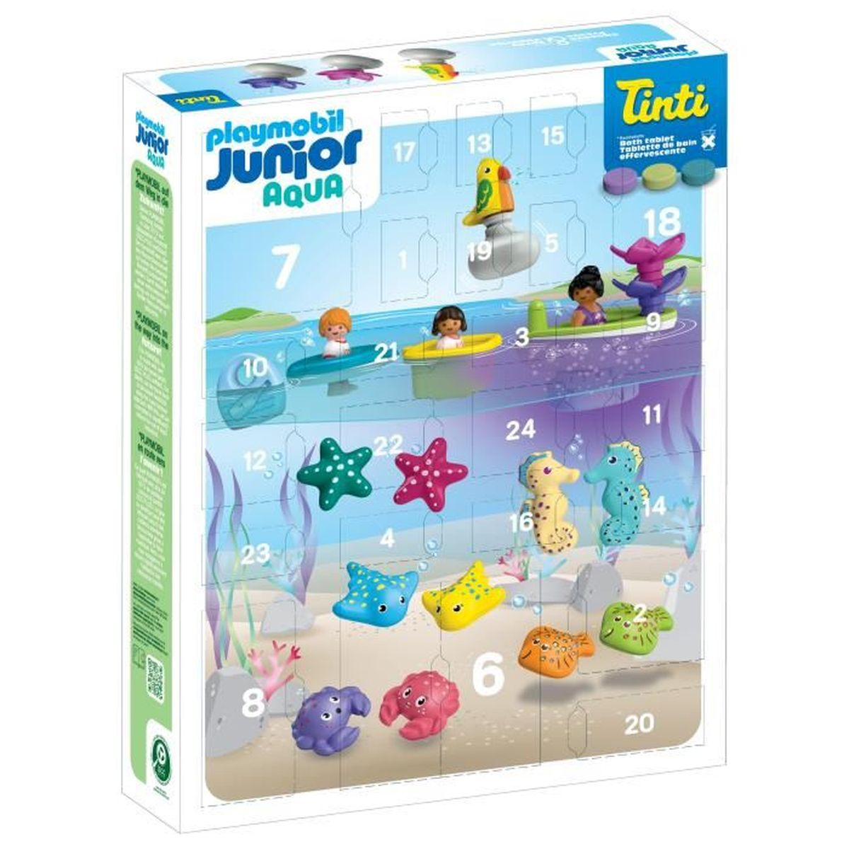 Playmobil Junior Aqua Adventskalender. Enthält Figuren wie Seepferdchen, Seesterne und Menschen in Booten. Buntes Design.